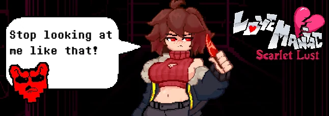 LoveManiac Scarlet Lust banner art with the main character holding a red heart-shaped object